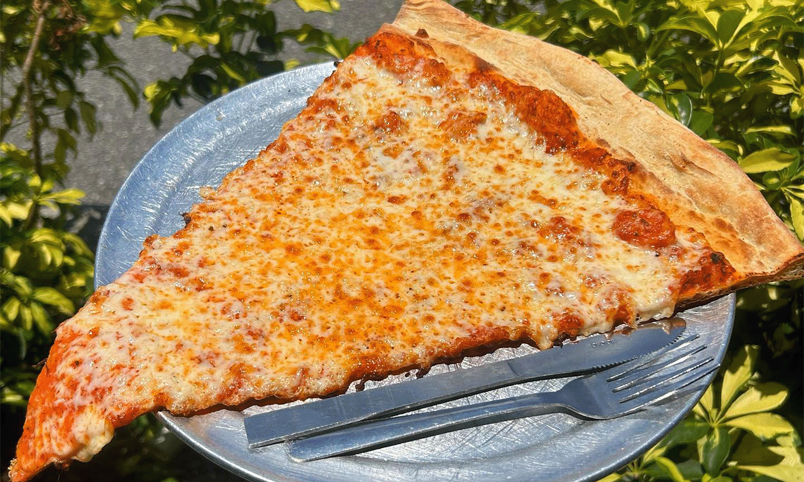 large cheese pizza slice on metal plate